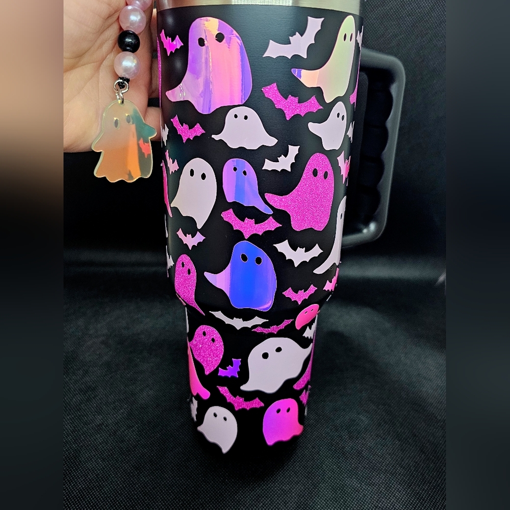 Drinking Cup, Travel Tumbler, pink ghost boo halloween cold cup, MTO - Picture 6 of 7